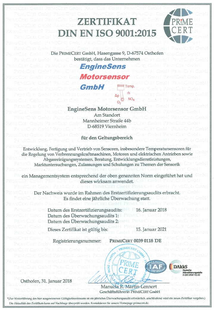 9001-2015 DE EngineSens Zertifikat